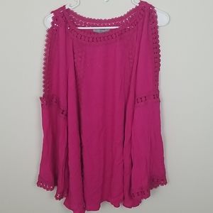 Pink cut out shoulder bell sleeve blouss